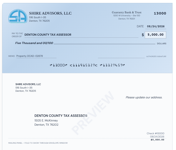 Sample MICR-compliant business check printed on blank stock with logo, payee, amount, and MICR encoding line
